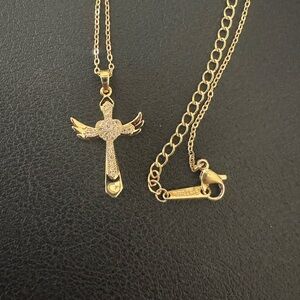 Stainless Steel Gold Heart-Cross with Wings Pendant Necklace